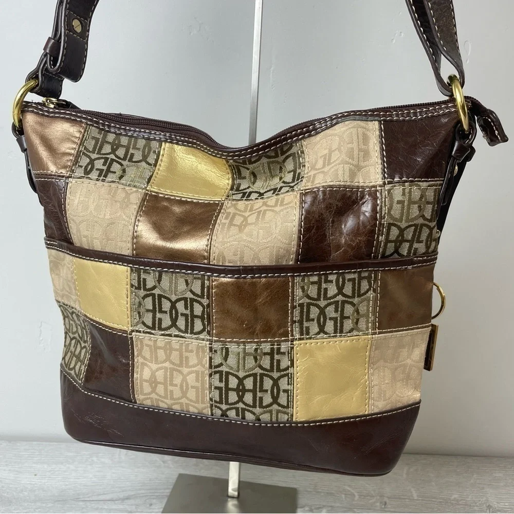 VINTAGE Giani Bernini Brown and Gold Patchwork Leather Hobo Shoulder bag